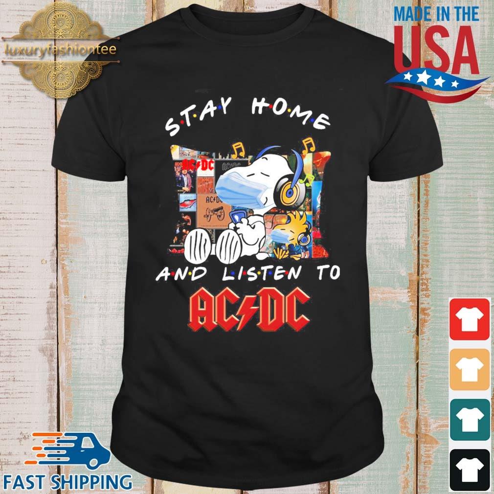 Snoopy And Woodstock Face Mask Stay Home And Listen To ACDC Hard Rock Band Shirt